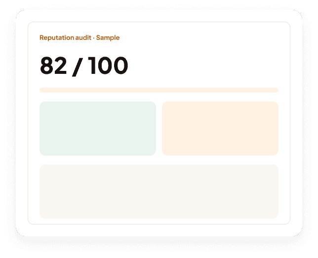 A sample reputation audit report with an overall score of 82 out of 100
